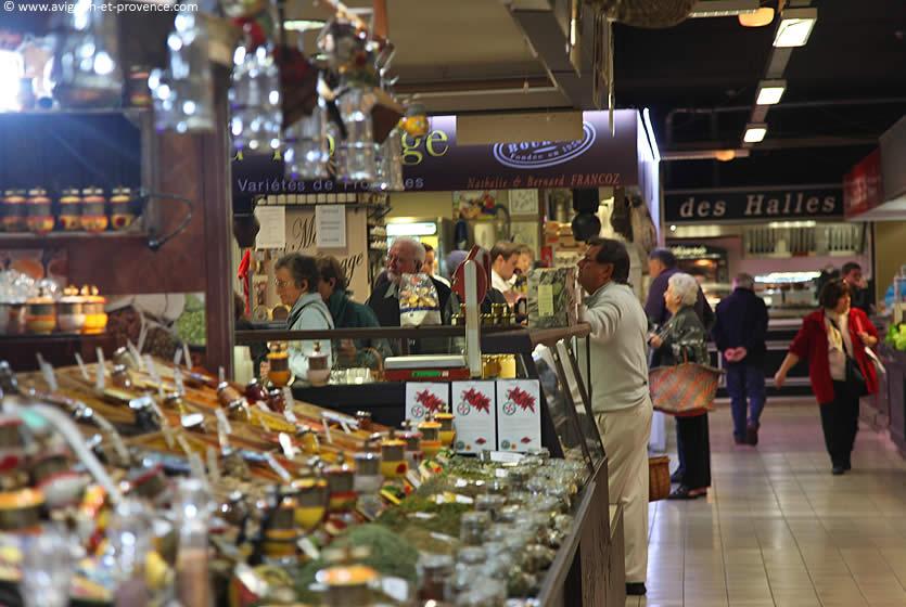 Fresh produce and stalls inside Les Halles market in Avignon