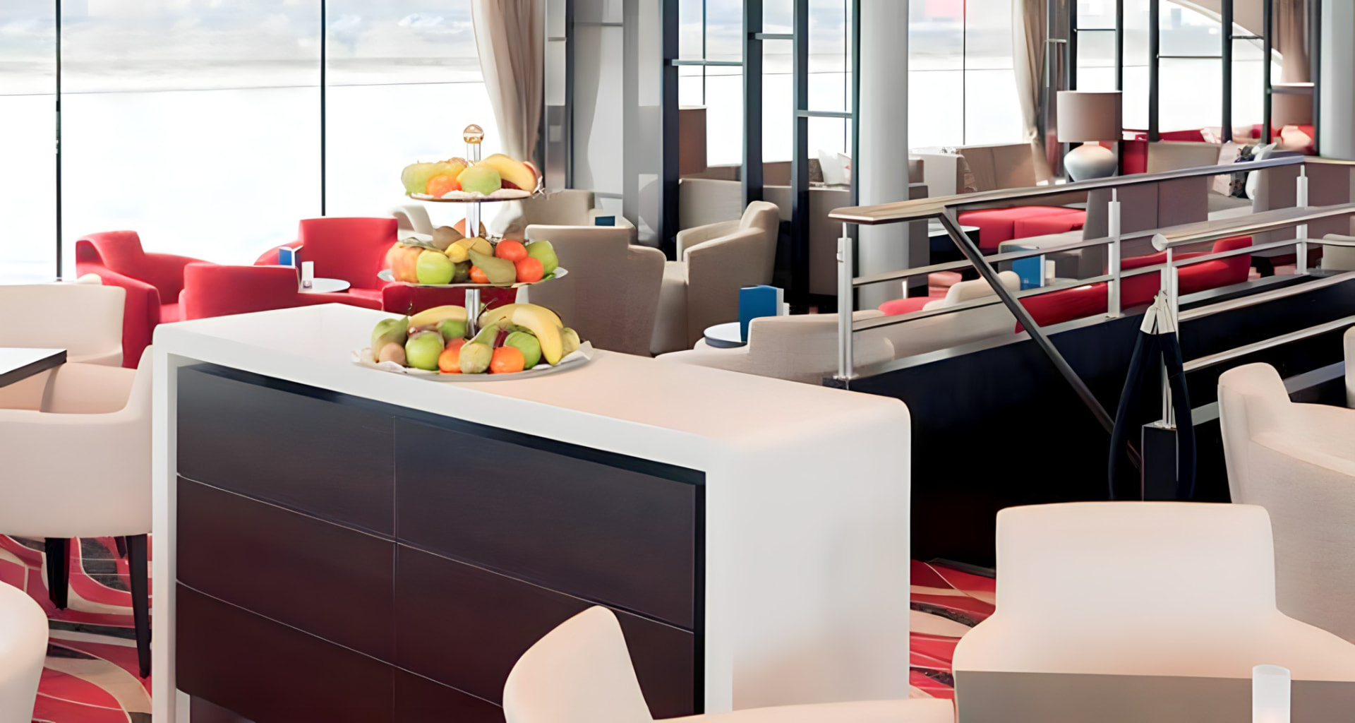 The club lounge with fresh fruit and river views