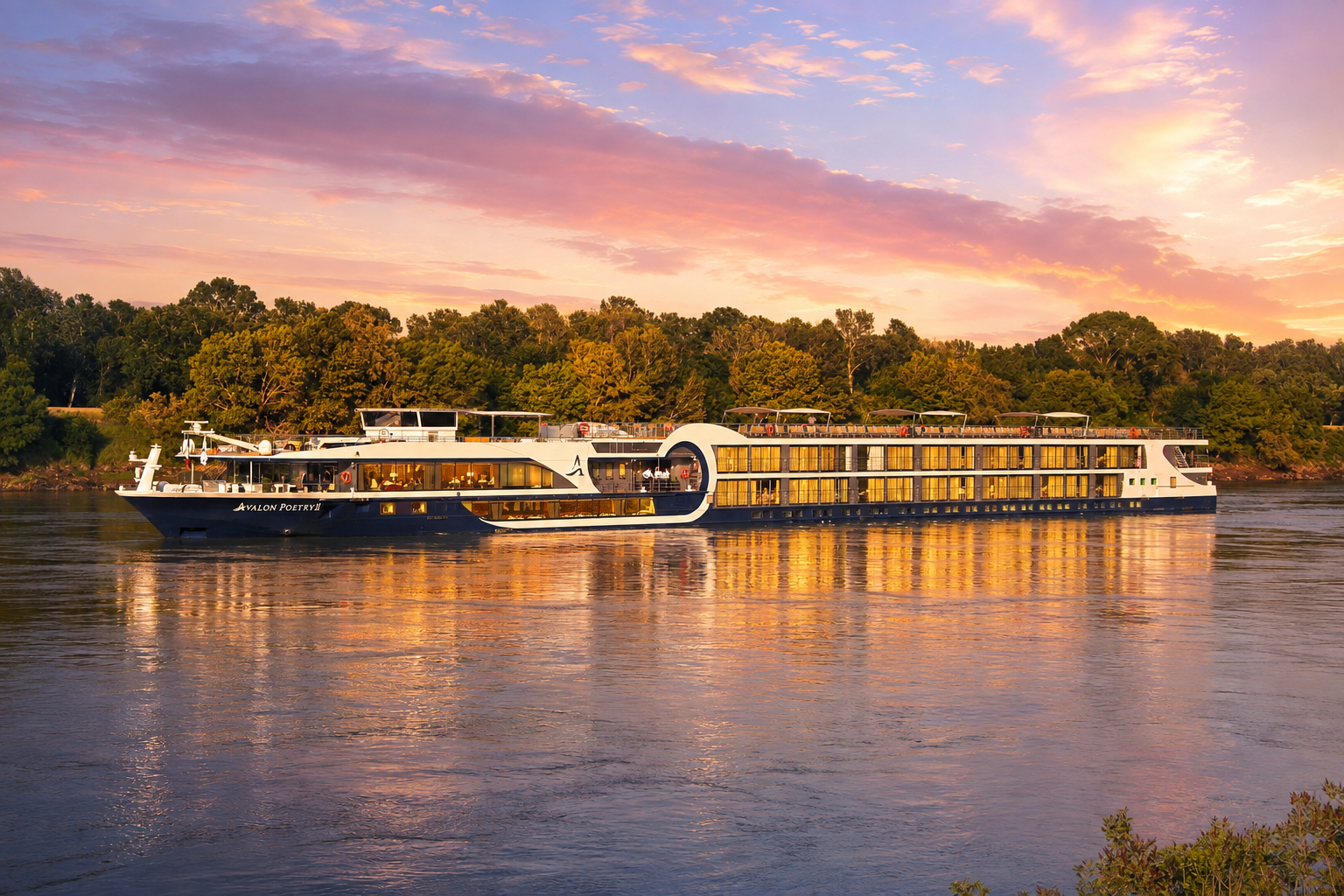Avalon Poetry II river cruise ship at dusk