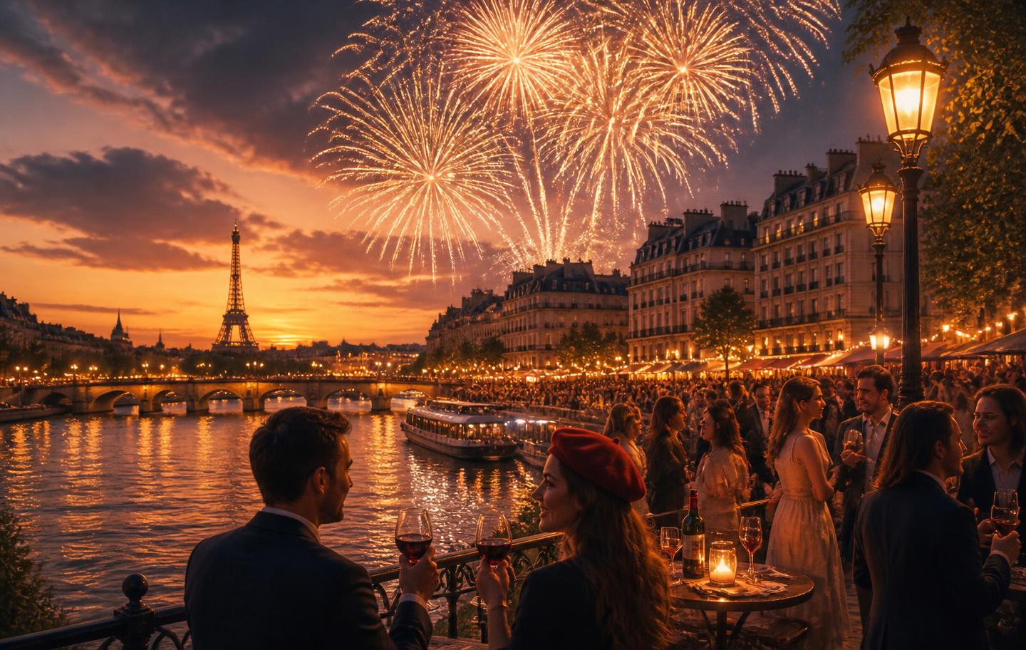 Bastille Day fireworks over the Seine in Paris at dusk, with crowds celebrating along the river