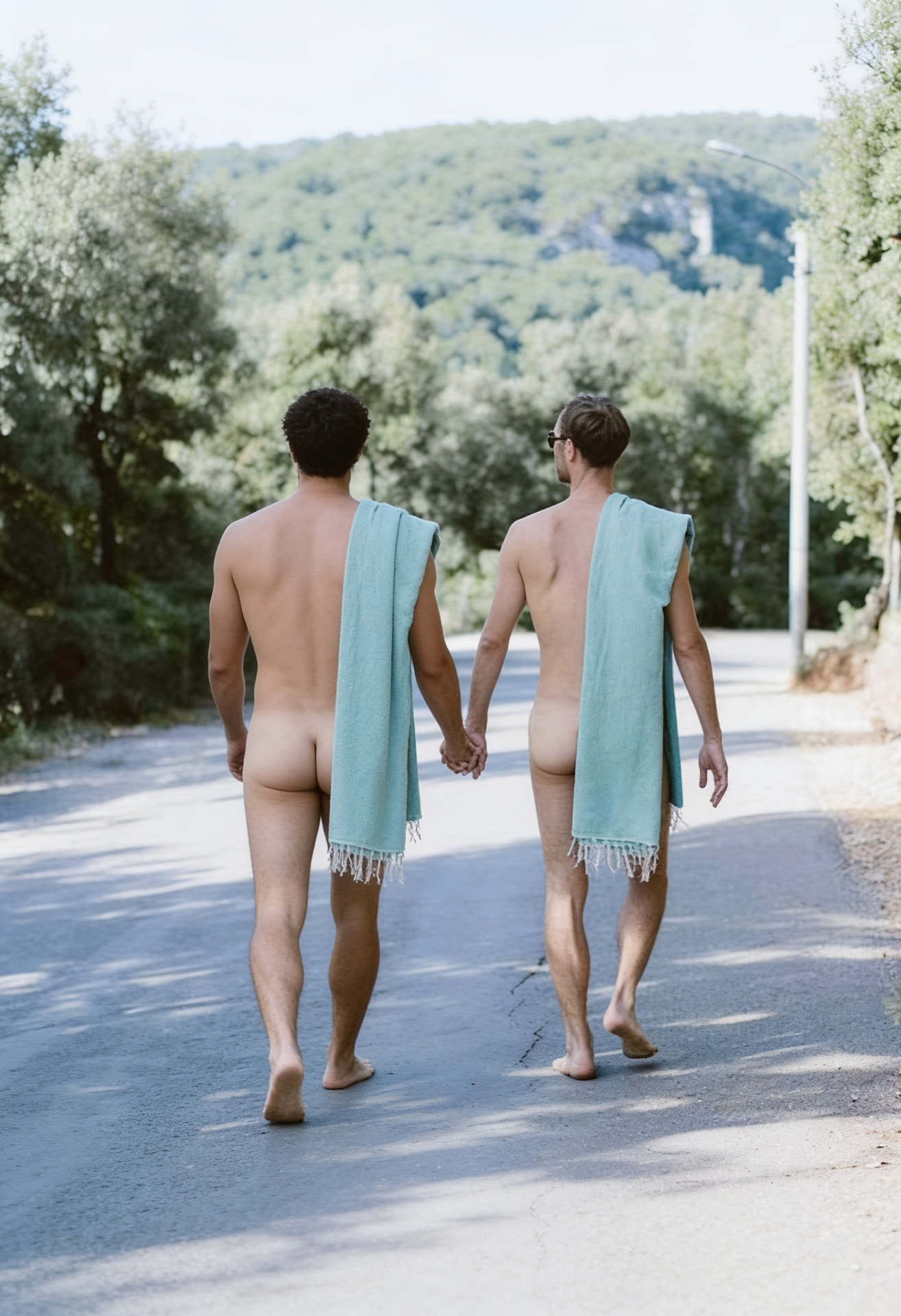Two men walking a sunlit Mediterranean road with towels over their shoulders