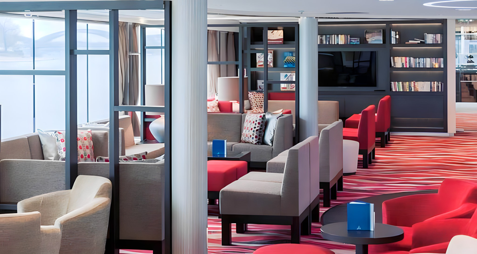 The ship's library and lounge seating