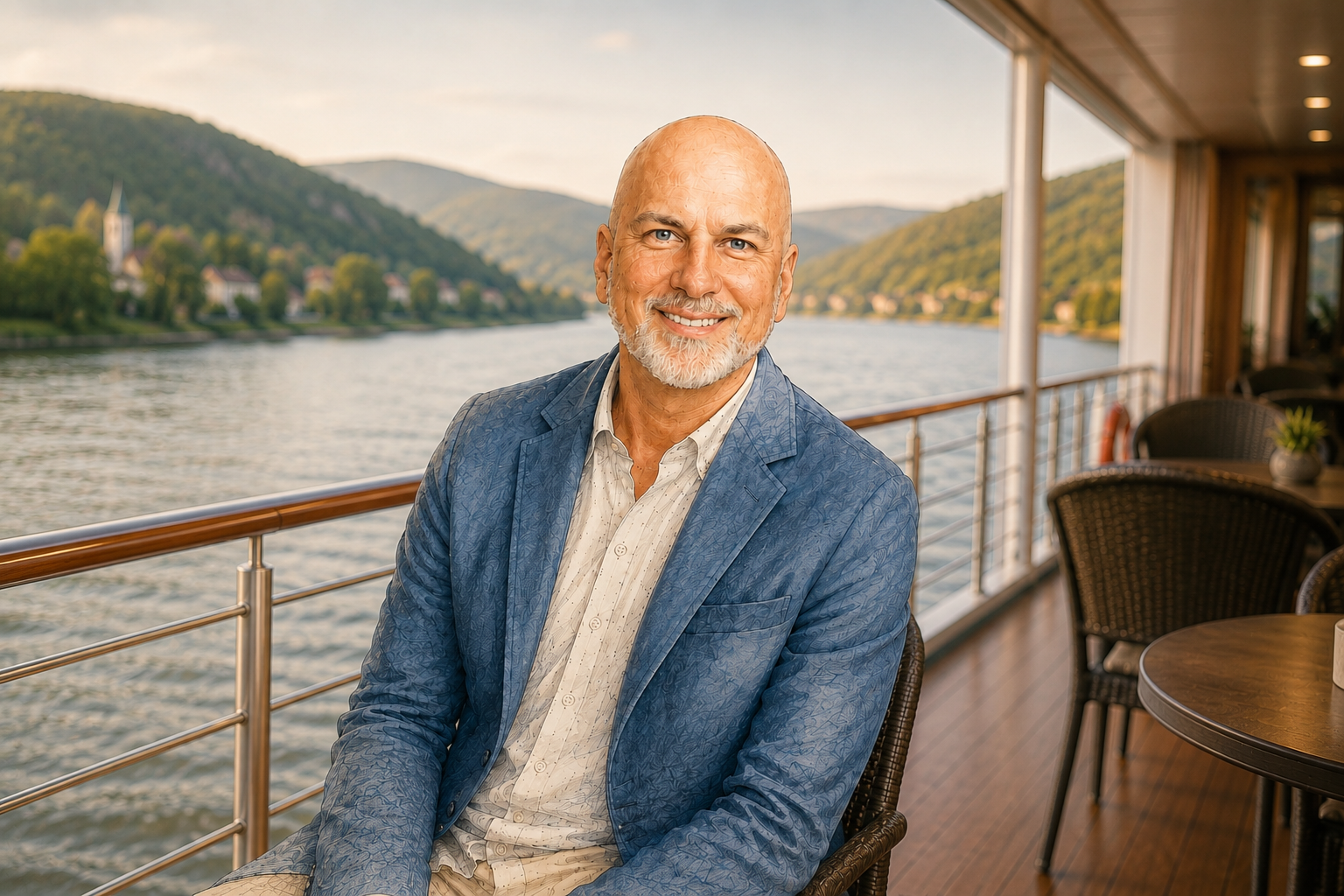 Nick Vannello smiling on a river cruise deck with hills and water behind him